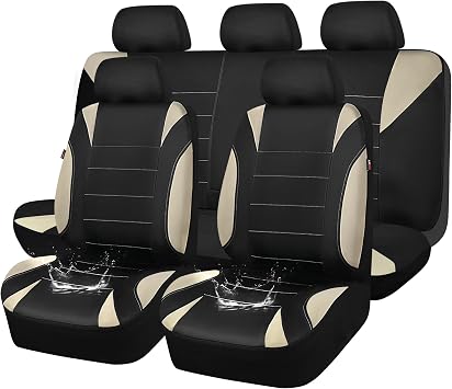 CAR PASS Waterproof Car Seat Covers Full Sets, Universal Fit Seat Covers for Cars, EVA Neoprene Seat Cover Set Full Sets, Interior Covers for Auto SUV,Vans,sedans, Trucks,Black and Beige