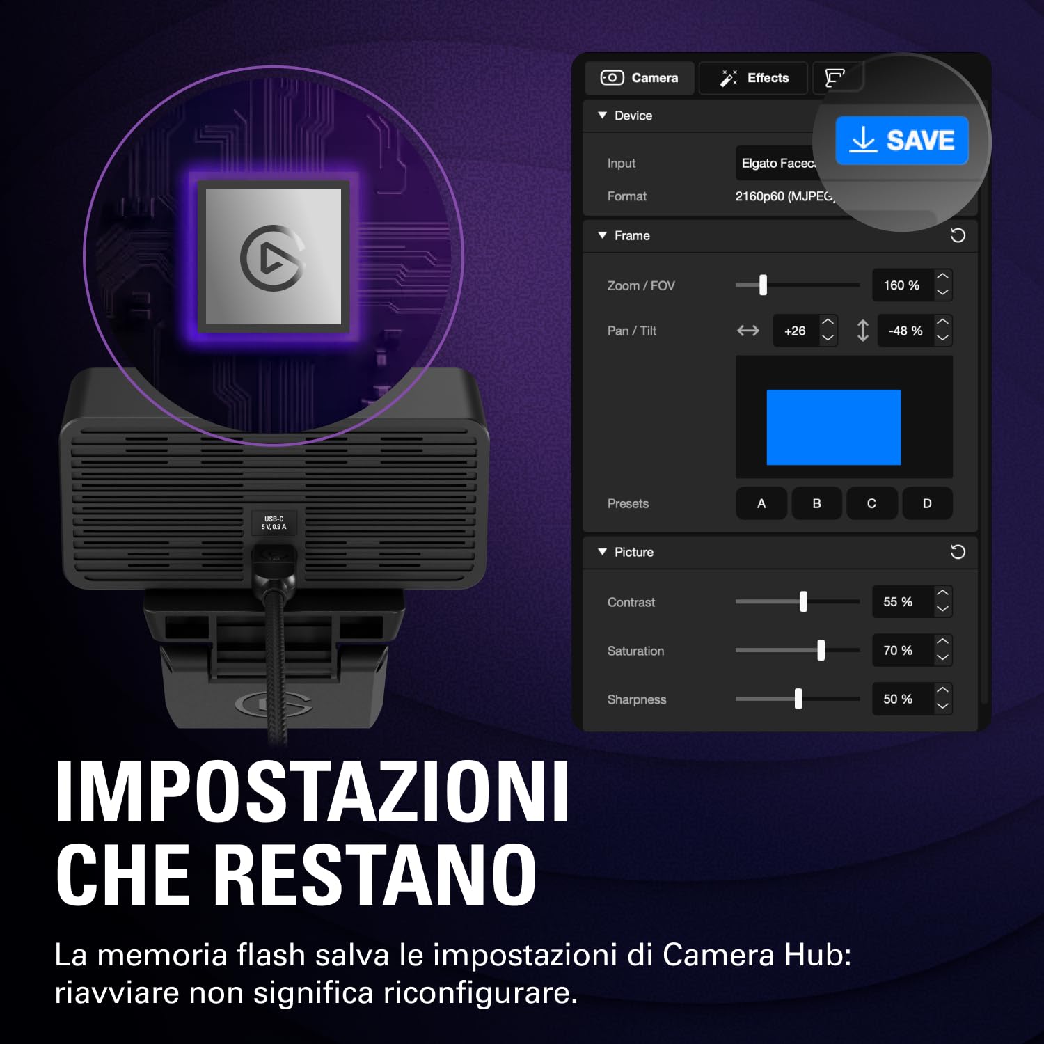 Elgato Facecam 4K - webcam da studio 4K60, controllo in stile DSLR, effetti cinematografici, filtri per obiettivo da 49 mm, video non compresso, area di messa a fuoco ottimizzata | USB-C per PC e Mac