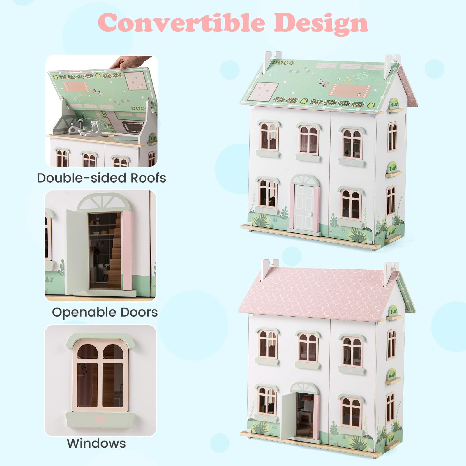 HOMASIS Casa delle Bambole per Bambini a 3 Piani, Casa da Sogno per Bambole in Legno con Mobili, Accessori, Tetti a Doppia Faccia, Villa delle Bambole di 3+ Anni, 55 x 33,5 x 66 cm, Rosa