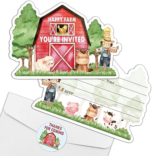 Invitaciones de fiesta de animales de granja con sobres y calcomanías (juego de 15) Invitaciones en forma de granja, invitaciones de fiesta de