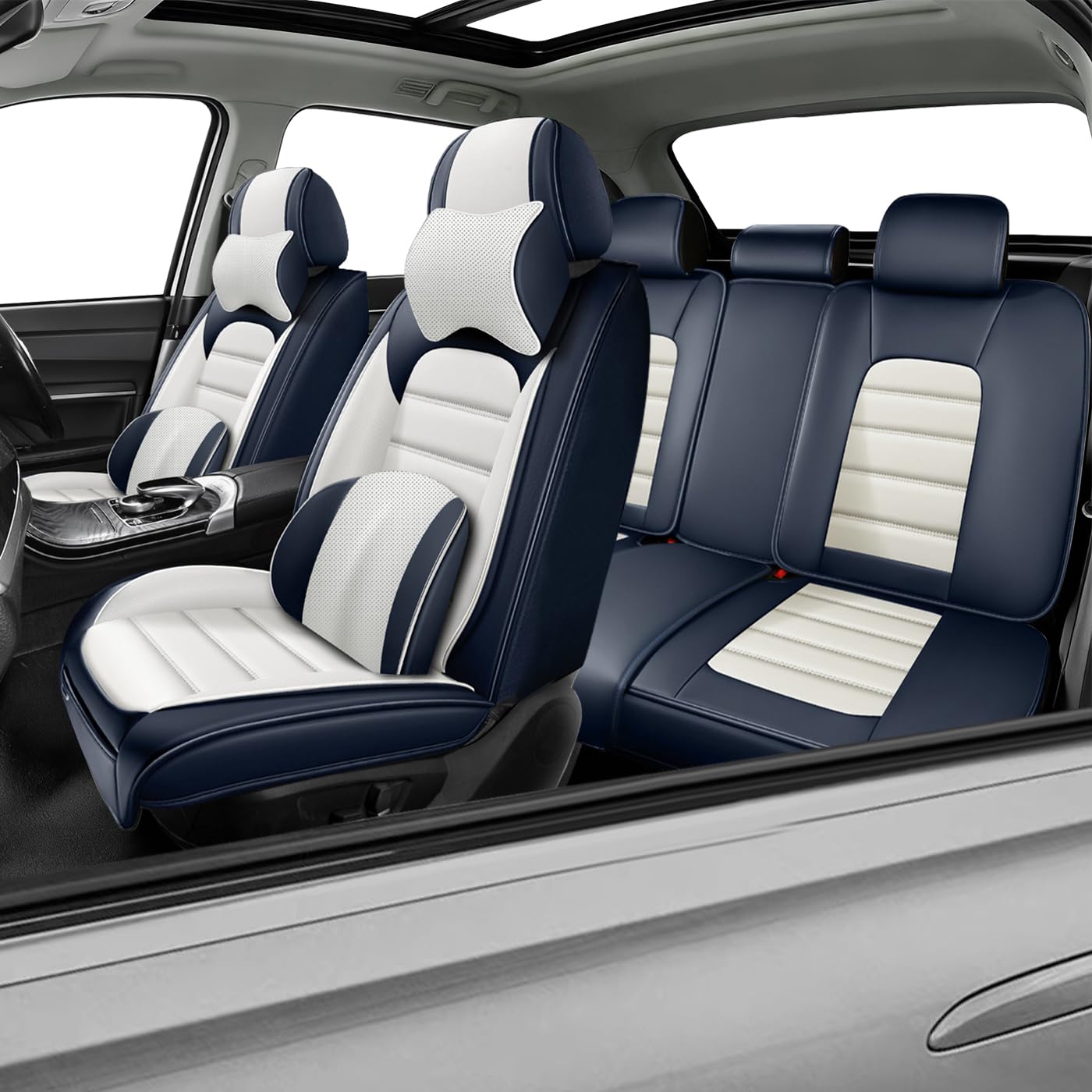 Car Seat Covers for X2,for BMW X2 2018-2025 2026,Waterproof Leather Seat Covers,Compatible Airbag,Full Set Comfort Car Seat Protectors for Most Cars(Pillows,Blue&amp;White)