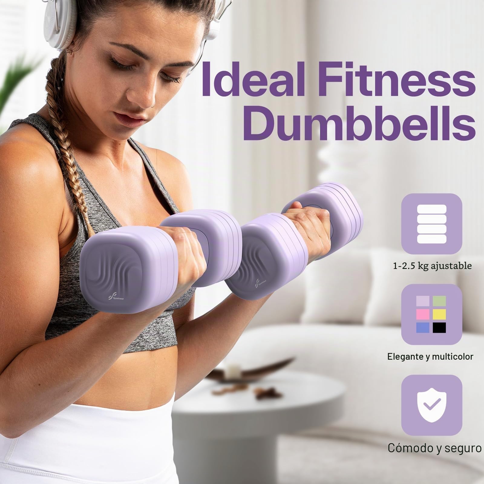 Sportneer Juego de mancuernas ajustables para mujer (1-2,5 kg cada una) - Juego de mancuernas 4 en 1 con agarre de TPU antideslizante, pesas para mujeres, gimnasio en casa, fitness, de
