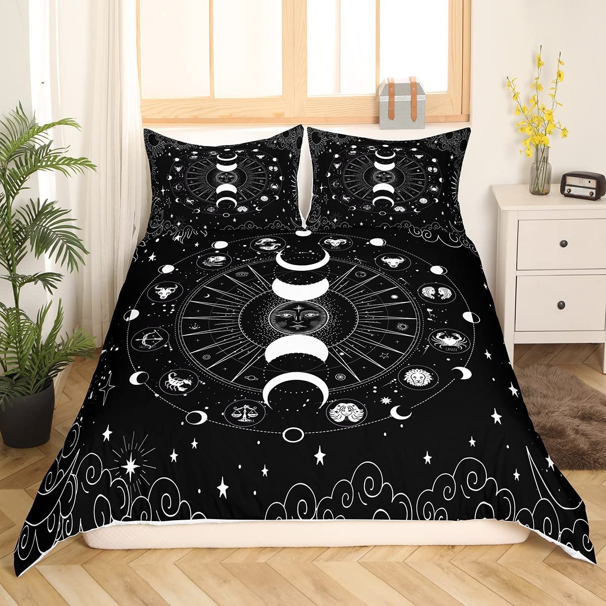 Loussiesd Black and White Bedding Set Constellation Duvet Cover Set Galaxy Celestial Sun and Moon Comforter Cover Decor for Home Bedroom Unique Design Bedspread Cover King With 2Pillowcase - Image 4