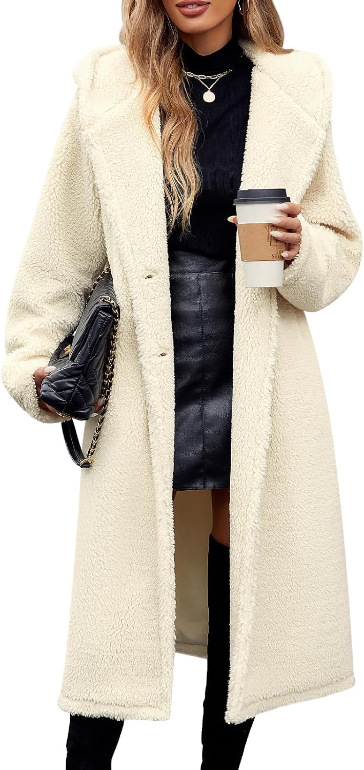Yusongirl Women's Long Fleece Sherpa Lapel Hooded Jacket with Pockets