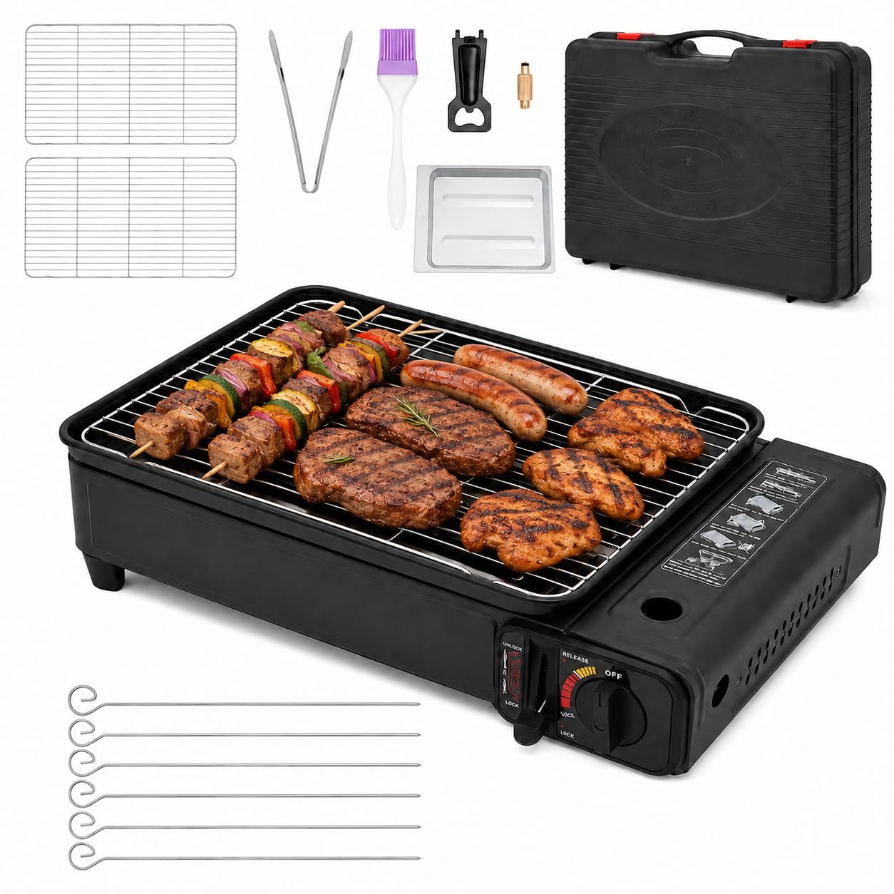 Barbecue a gas da campeggio, portatile, 2,2 kW, con borsa per il trasporto e vassoio raccogli grasso
