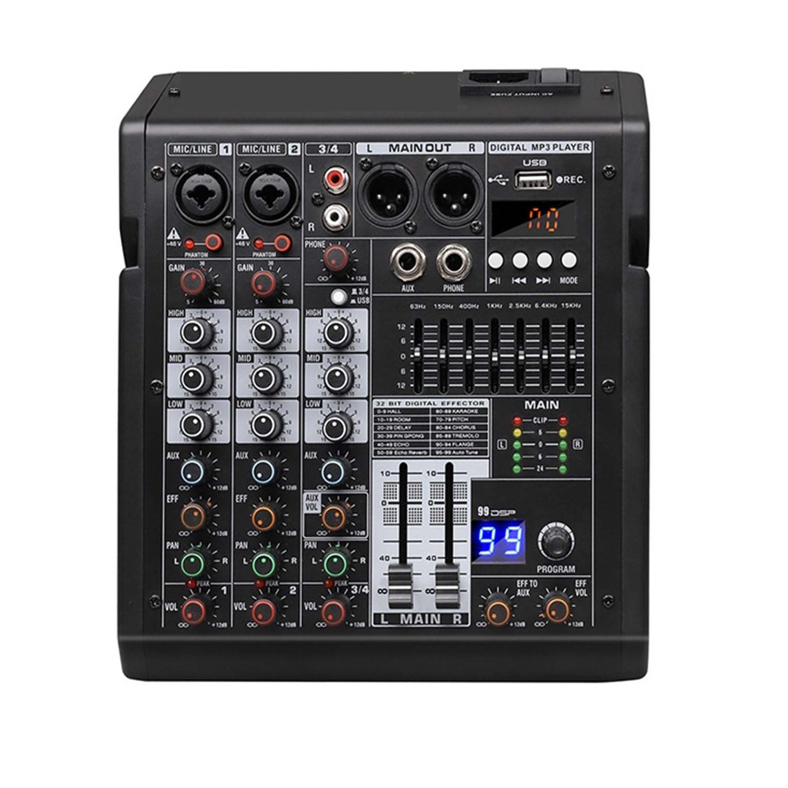DSP 4-Channel Mixing Console Digital MP3 Input 48V Power with Bluetooth Podcast Recording(Tds-4)