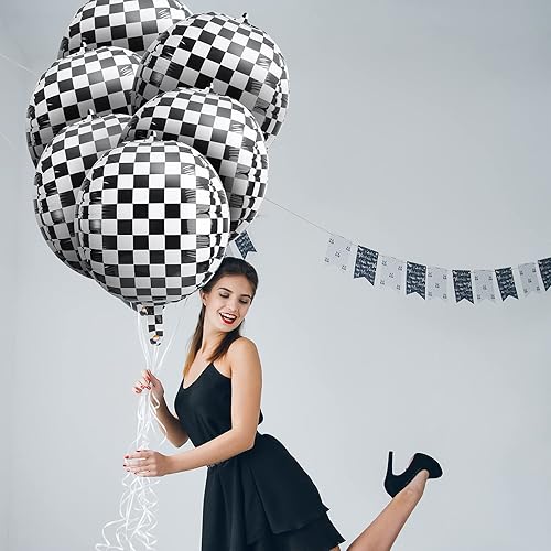 Miniatura 7 de 14 globos de aluminio a cuadros de 22 pulgadas, globos de tablero de ajedrez blanco y negro, globos de cumpleaños con cinta negra para decoración de