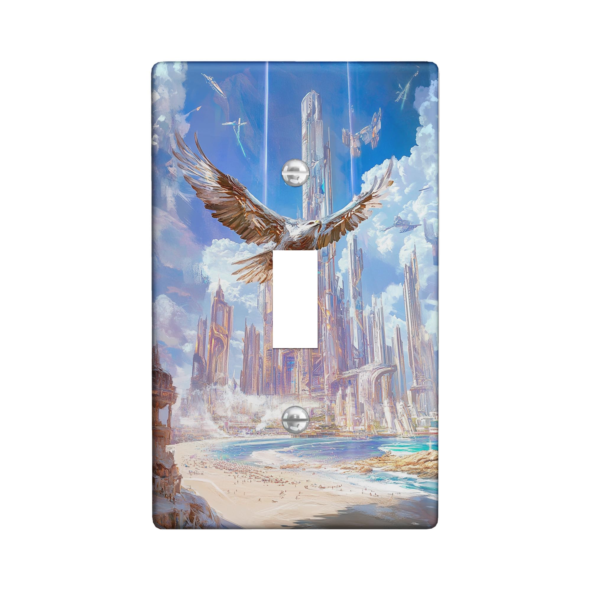 Majestic Eagle Light Switch Cover Plate/Outlet Covers, Sky and Towering Cityscape for Wall Decor, Thermoplastic Wall Plates, Standard Size Single Toggle