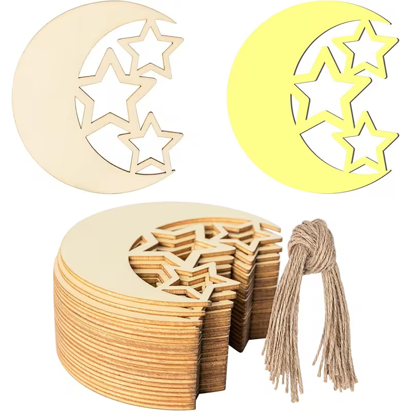 Cliths 12pcs Hollow Moon and Stars Wooden Cutouts for Eid Decoration, Ramadan Crafts, Painting, Festive Home 9.98 x 8.89CM