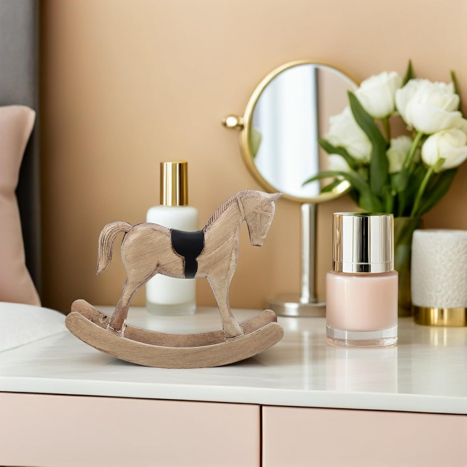 NUOBESTY Vintage Wooden Rocking Horse Sculpture, Vintage Baby Shower Decorations 8” Horse Centerpieces for Tables Figurine Collectible Decorative Tabletop Ornament for Party Wedding Birthday Light image 5