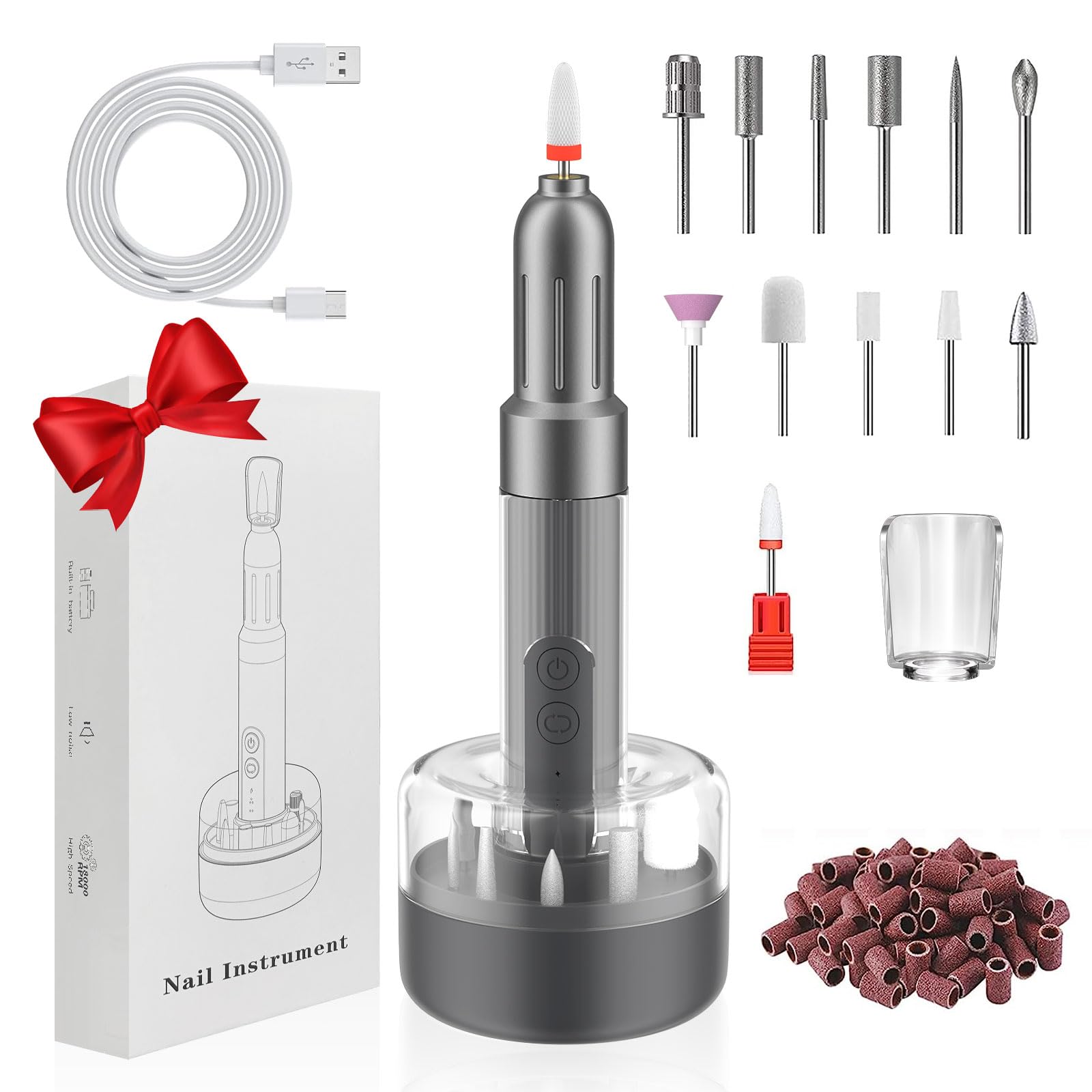 AMLGG Electric Nail Files, Portable Nail Drill E File Kit with Rechargeable Base, 12 Nail Drill Bits, 6 Adjustable Speeds for Acrylic Gel Nails, Professional Nail Drill Gifts for Women Mum (Dark Gray)