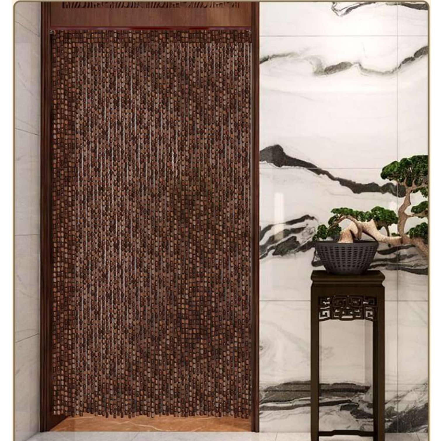 Rideau de Porte Perlé en Bois Naturel, Bambou Suspendus, Pare-Vue Anti-Insectes, Panneau Décor de Diviseur Salon Chambre à Coucher Porche, Personnalisable (90 Strands-90x220cm)