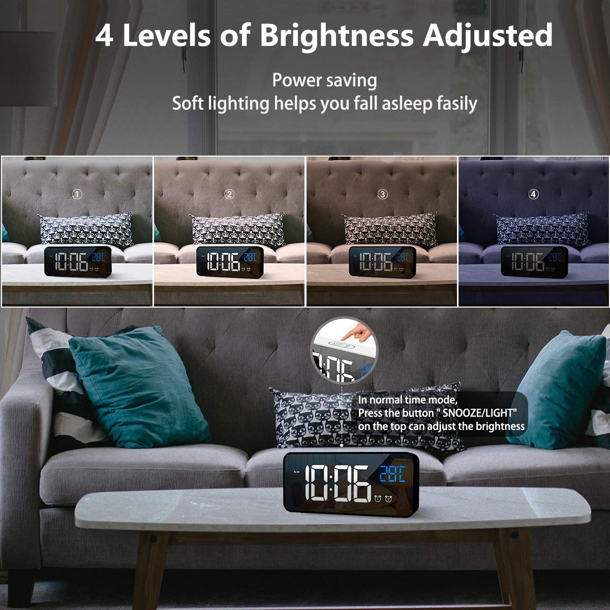 LATEC Sveglia Digitale con LED Temperatura Display Orologio con 10 Suoni di Allarme Porta di Ricarica USB Dimmer di Luminosità Regolabile a Sonnellino Allarme Specchio Portatile con Doppio Allarme