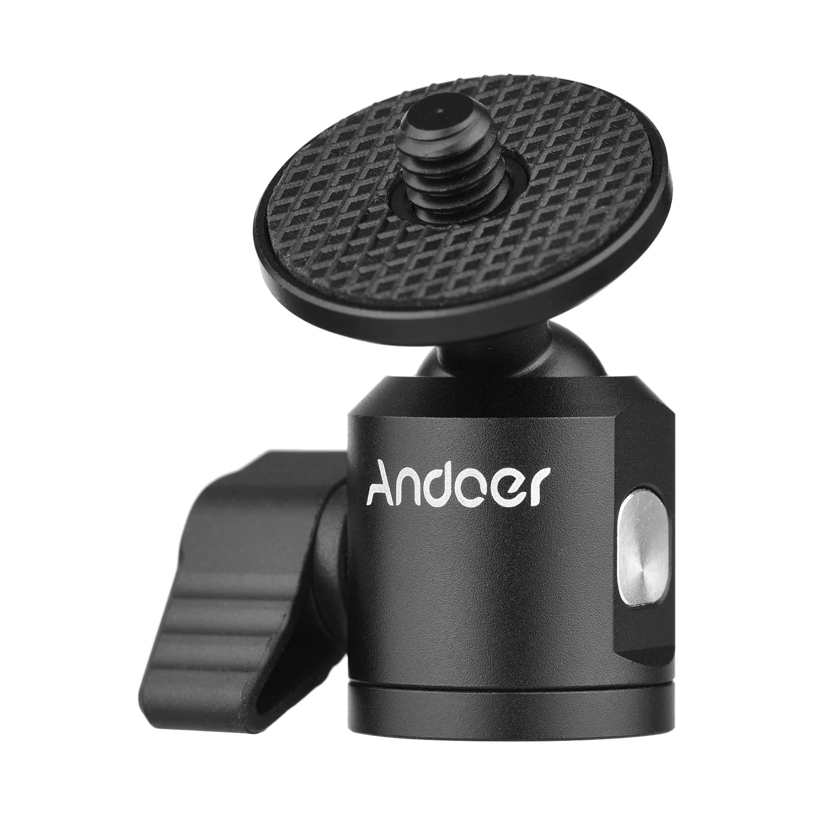 Передний view of the Andoer Mini Ball Head, showing the top 1/4 inch screw where a camera or accessory would be mounted.