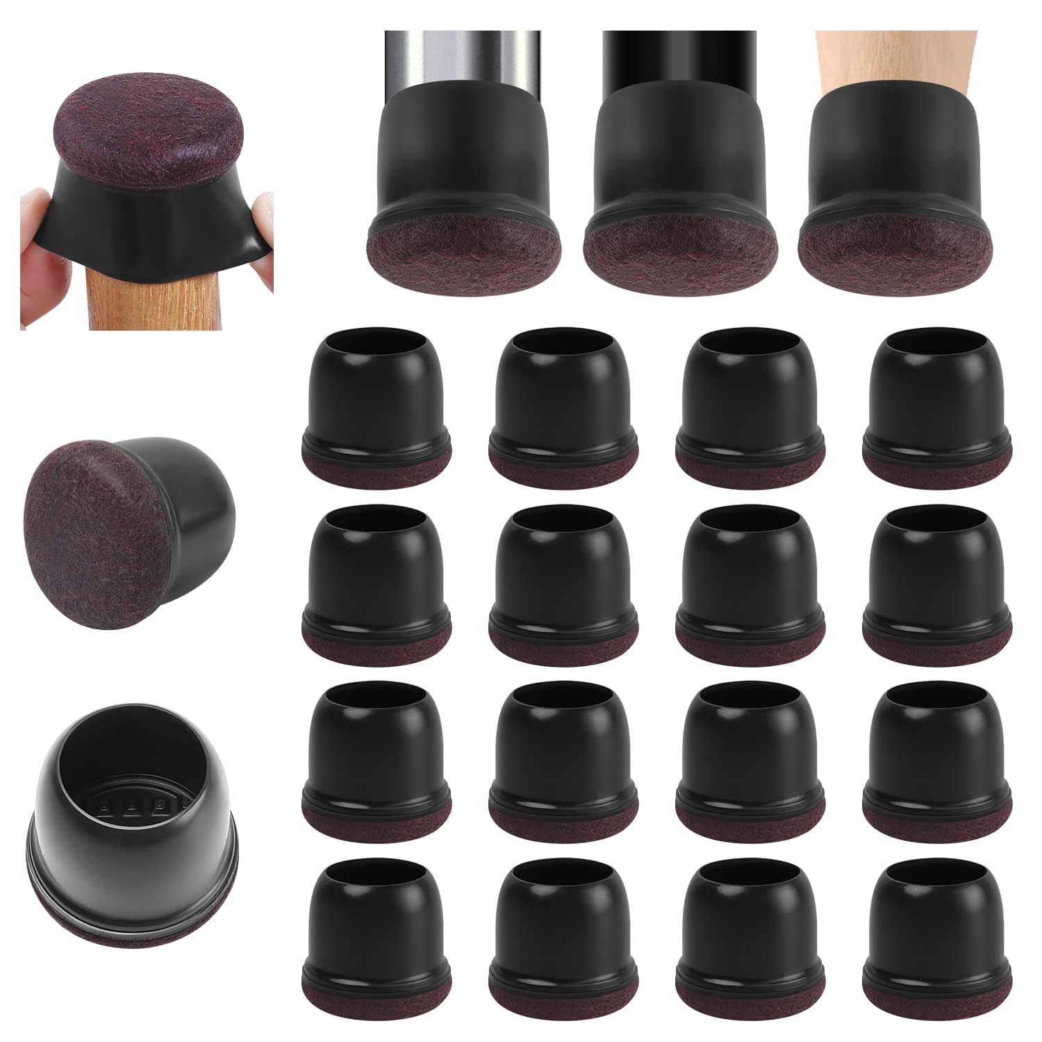 Kleine Silikon Bodenschoner für Stuhlbeine, 16 Stück Schwarze Stuhlbeinkappen, Φ 28-37 mm Durchmesser Filzunterseite, weicher Thermo-Kunststoff-Elastomer, Möbelbein-Fußabdeckungen verhindern Kratzer