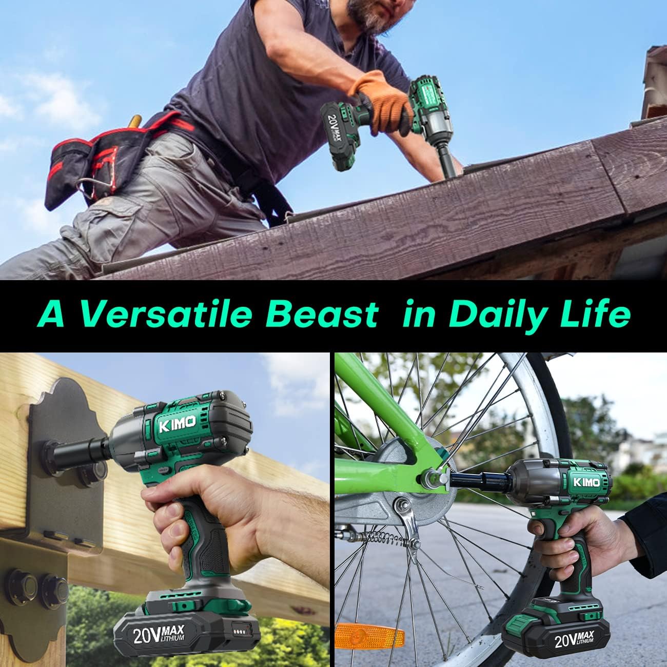 KIMO Cordless Impact Wrench 1/2", Brushless Impact Driver with 332 ft-lb & Max Torque 3000 RPM, 20V Electric Impact Wrench with 1 Hour Fast Charger & Variable Speeds, 1/2 Impact Gun for Car Home - - 