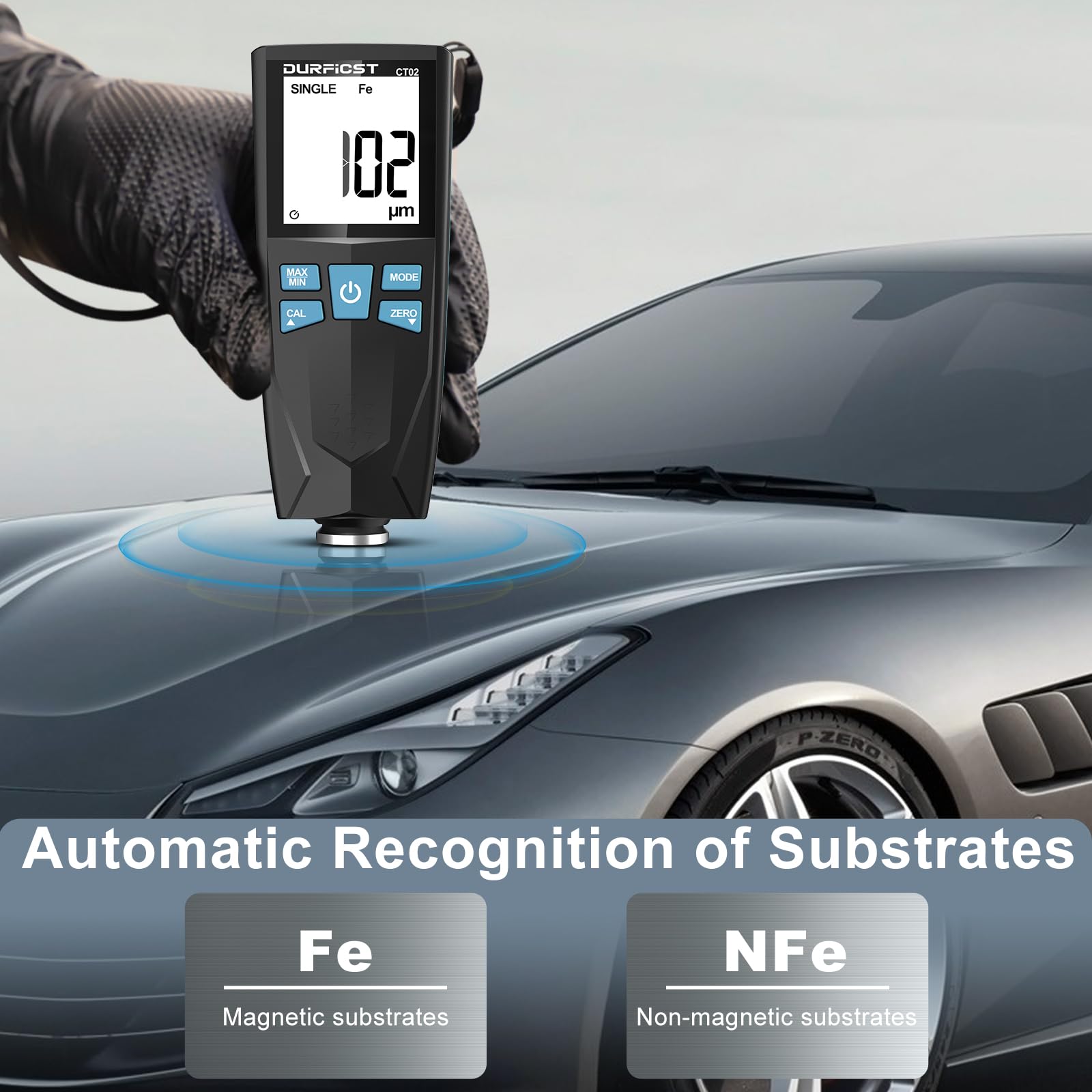 Spessimetro, DURFICST Spessimetro Vernice Digitale per le Auto,con Calibrazione Digitale Automatica e Mantenimento dei Dati, Spessimetro Vernice Auto, Rilevamento Automatico Fe/NFe