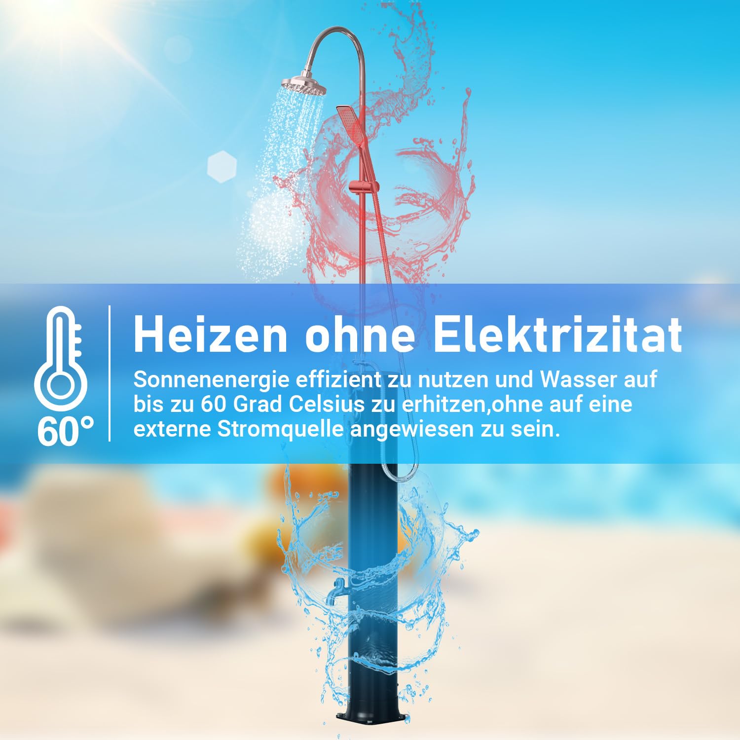 Prysznic solarny 20 l, półpojedynczy pręt, prysznic ogrodowy, ciepła woda do 60°C, bez przyłącza prądu, prysznic basenowy, kemping, z słuchawką prysznicową i obrotową głowicą prysznicową, w