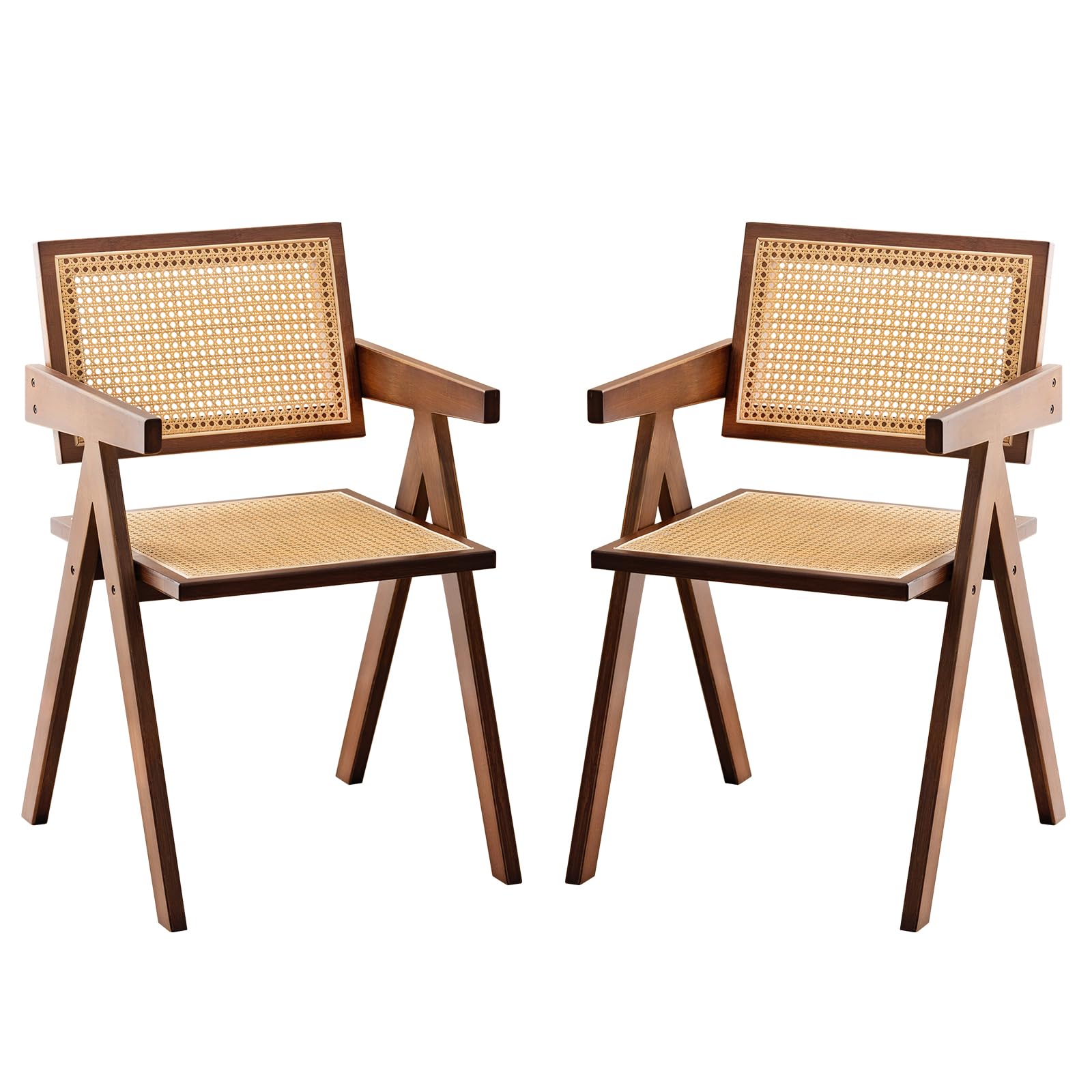 Furlide Rattan Accent Chairs, Modern Mid Century Dining Chairs Set of 2, Comfy Armchairs, Outdoor Rattan Chairs with Armrest for Bedroom Living Room Reading Room Dining Kitchen, Brown