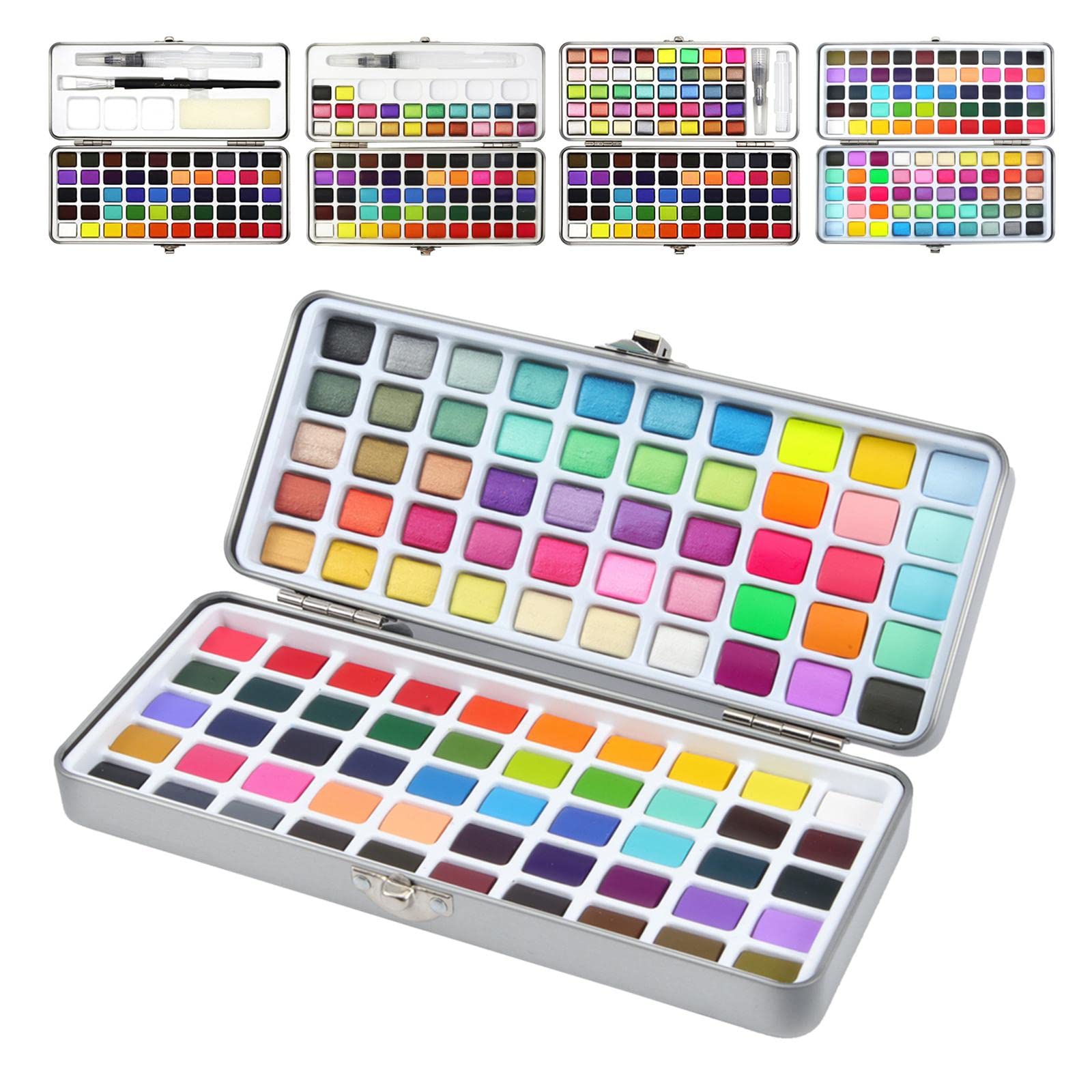 Wasserfarben Set mit Vielseitigen 100 Farben Aquarellfarben Set mit Gouachepalette Und Pinselset in Metallbox Und Langlebig für Bastelarbeiten, 50 Farbdosen-Set