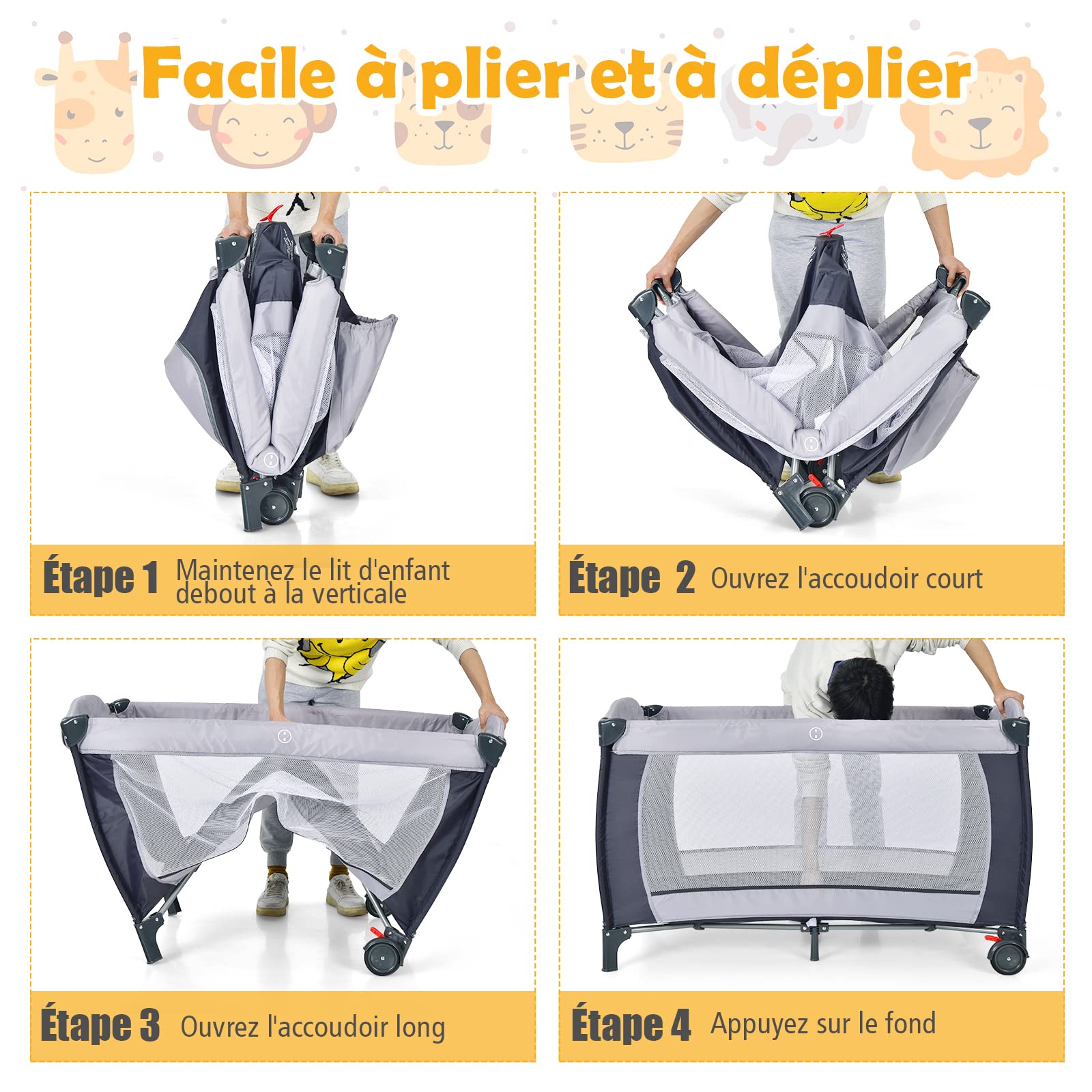 COSTWAY 4 en 1 Lit Parapluie, Parc pour Bébé avec Matelas, Moustiquaire, Entrée Latérale, Sac à Jouets, Boîte à Musique, Table à Langer, Facile à Plier, 0-36 Mois, 120 x 60 x 72 cm (Gris)