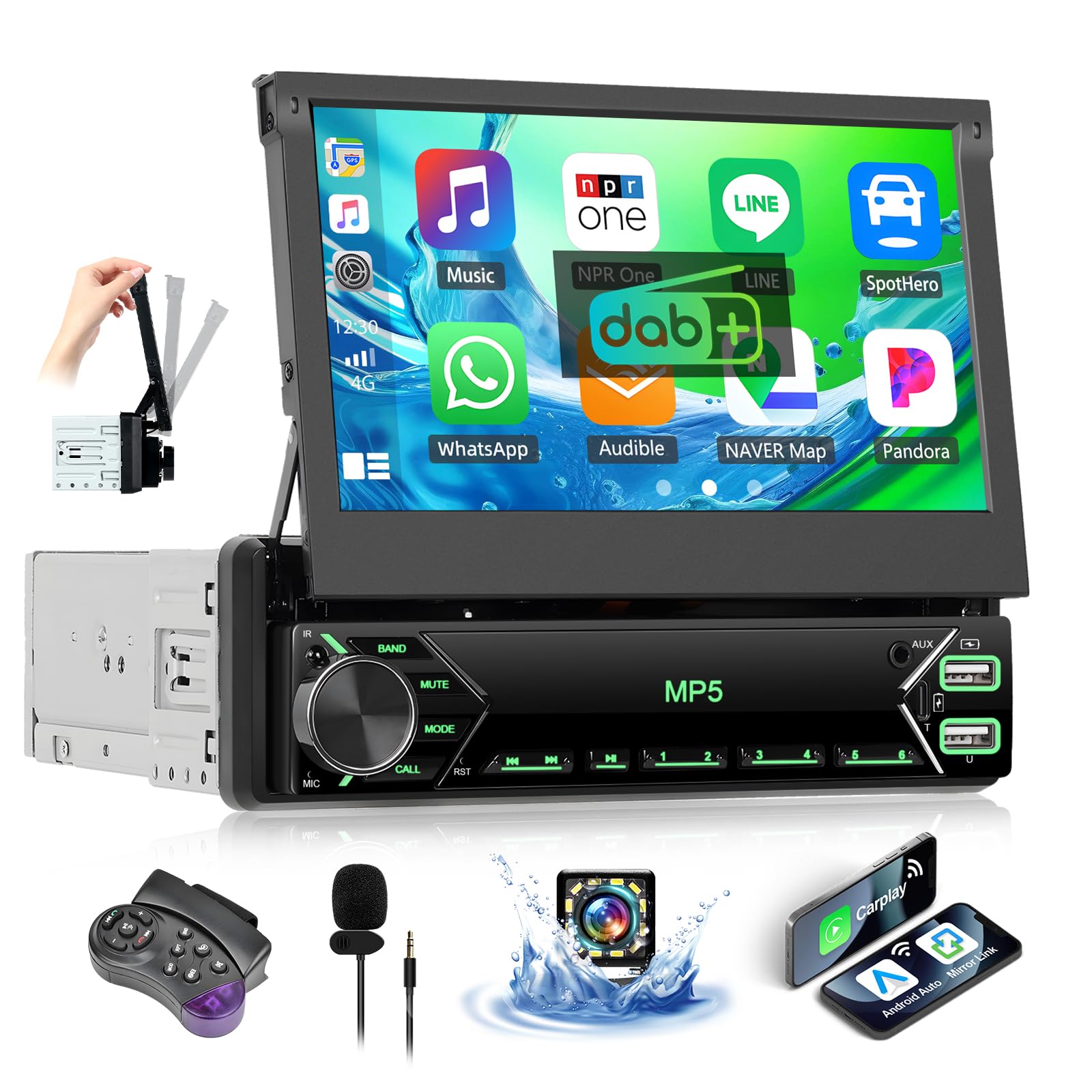 OiLiehu Dab+ Radio 1 DIN con CarPlay Android Auto Inalámbrico, 7" IPS Pantalla Retráctil Manual Radio para Coche con Enlace Espejo, Bluetooth, FM/Dab, SWC, AUX, EQ, USB, Tipo-C, Camara Marcha Atras