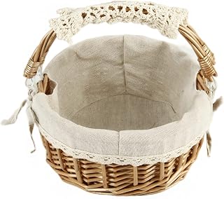 SHCMSADO Handwoven Wicker Picnic Basket with Handles - Beige Lace Willow Storage for Gifts, Weddings, Decor, Fruit (9.8x8.7x4.9")