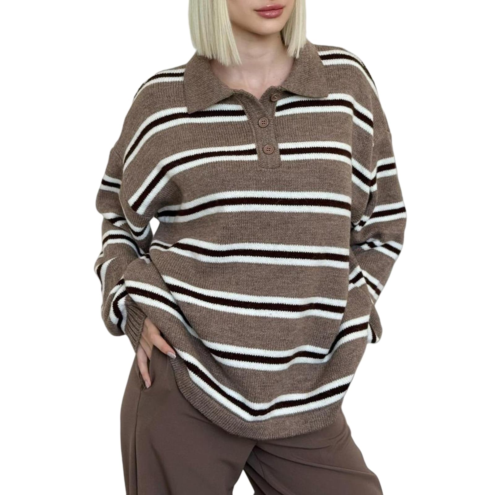 Women Y2K Oversized Striped Polo Sweater Vintage Aesthetic Preppy Knit Pullover Tops Long Sleeve Golf Rugby Sweater