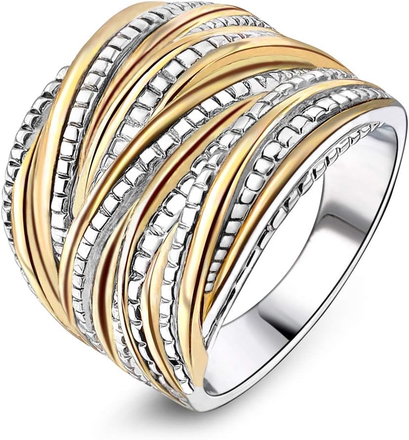 mytysun 2 Tone Intertwined Crossover Statement Ring Fashion Chunky Band Rings for Women Men Gold Silver Rose Gold Plated 18mm Wide Index Finger Rings Costume Jewelry(Gold,R)