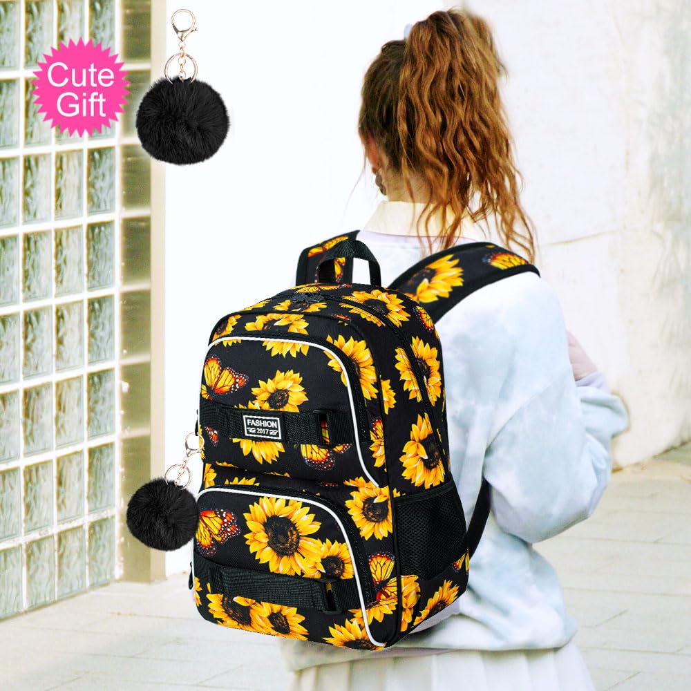 FTJCF 3Pcs Backpack for Girls Women, 17 Inches Sunflower Laptop Backpacks with Lunch Bag, Water Resistant College School Bookbag Set for Teens Students(Yellow)