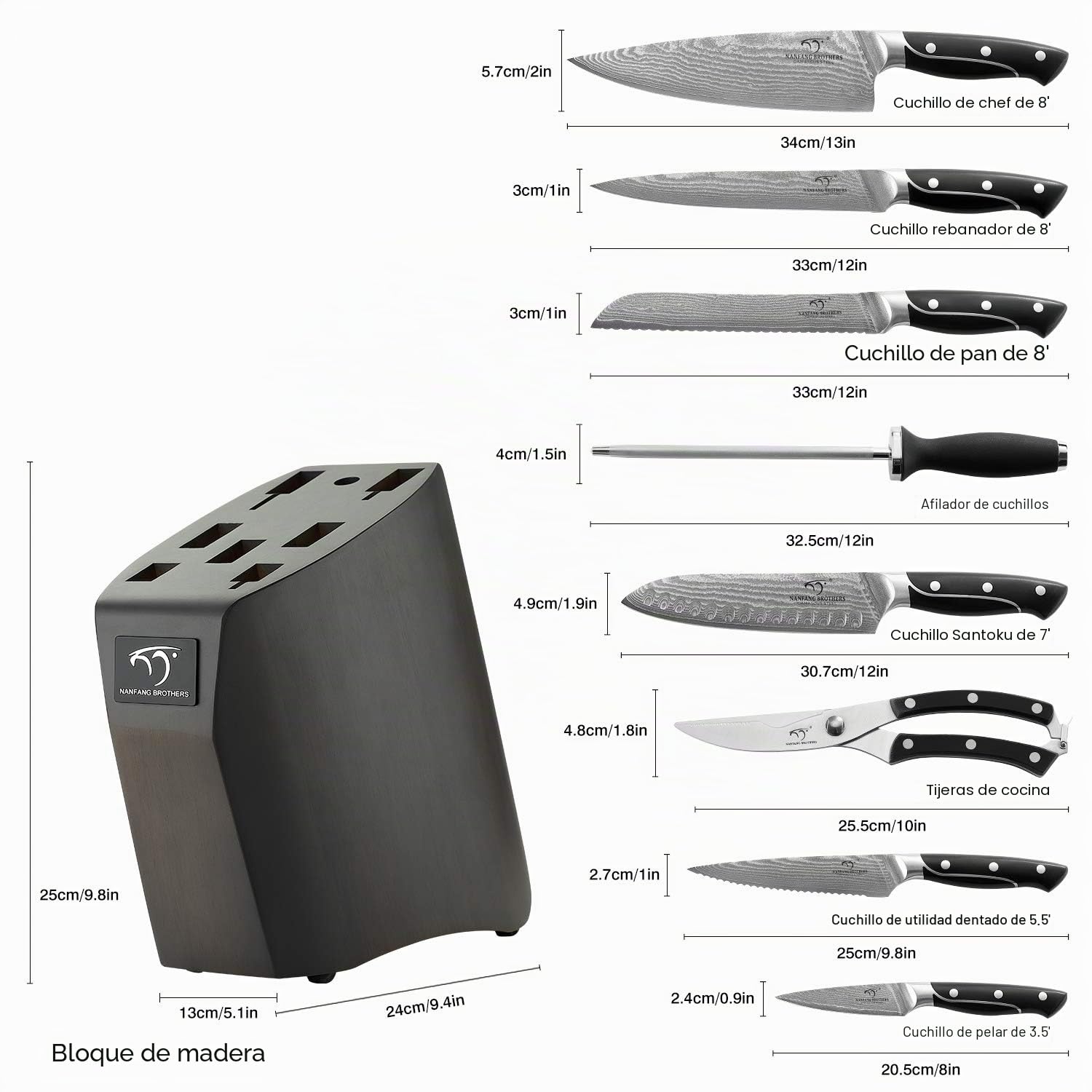 Cuchillo de Cocina Profesional, Bloque de madera Set Cuchillos Cocina de Acero Damasco con 9 Piezas,Cuchillos de Chef by NANFANG BROTHERS