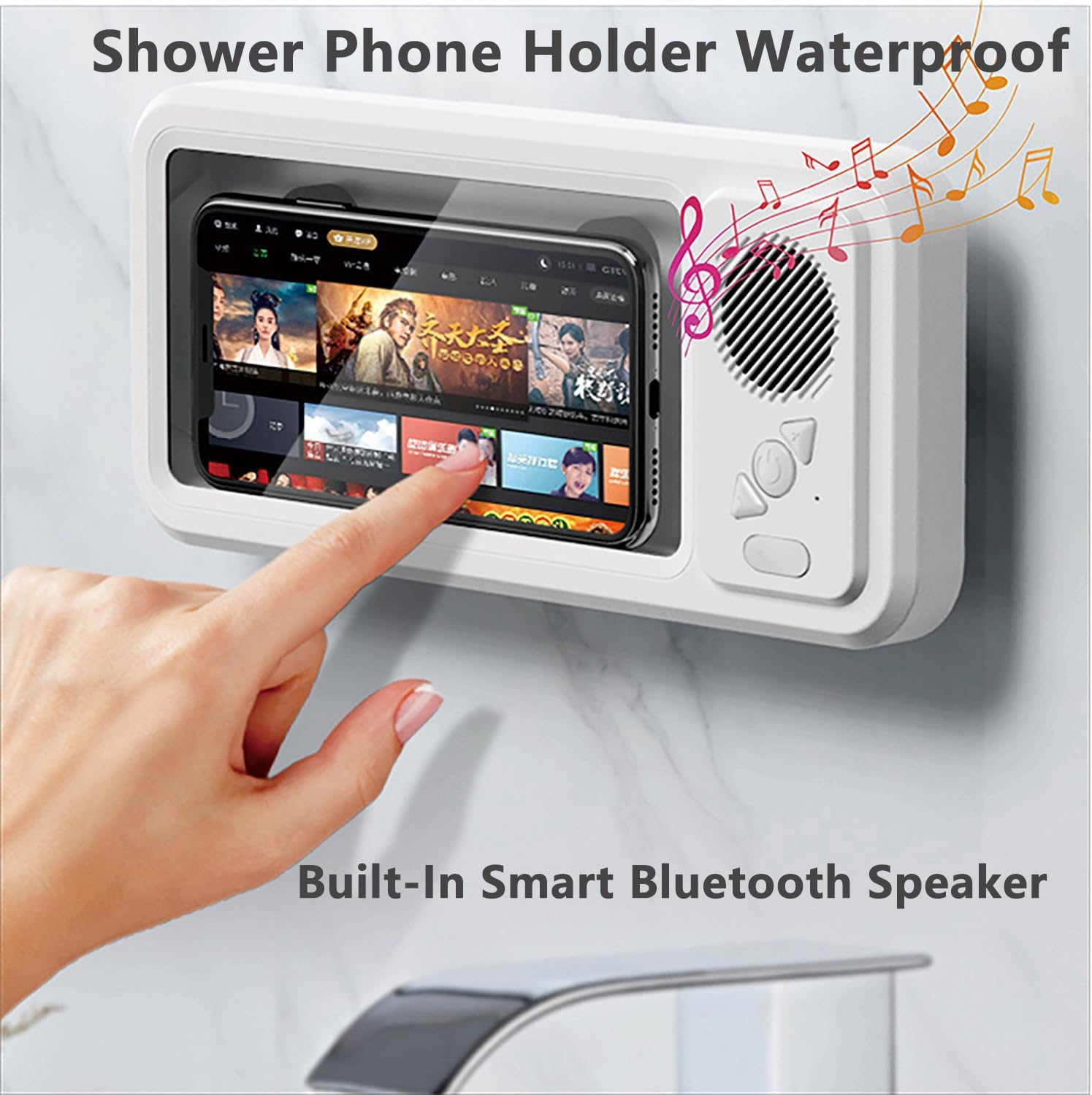 Phone Holder - Built-in Smart Bluetooth Speaker, 2026 Upgrade Shower Phone Holder Waterproof, 360° All-Inclusive Design, Fog-Proof, 60° Fixed Opening Angle for Any Surface (B,Upgrade)