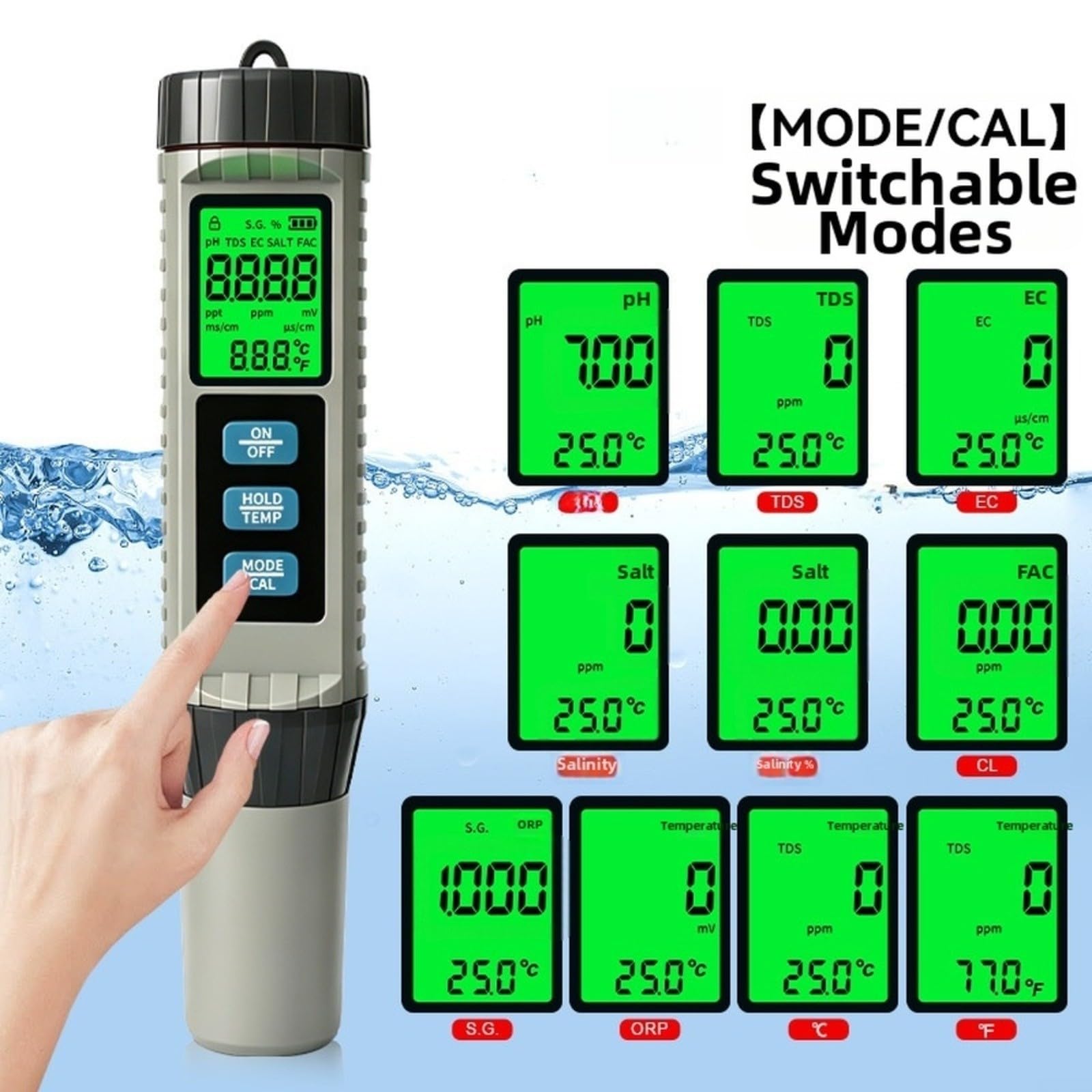 KiraKira Misuratore digitale di prova della qualità dell'acqua, 8 parametri pH ORP Salinità Temp Detector con alto sensore uso industriale