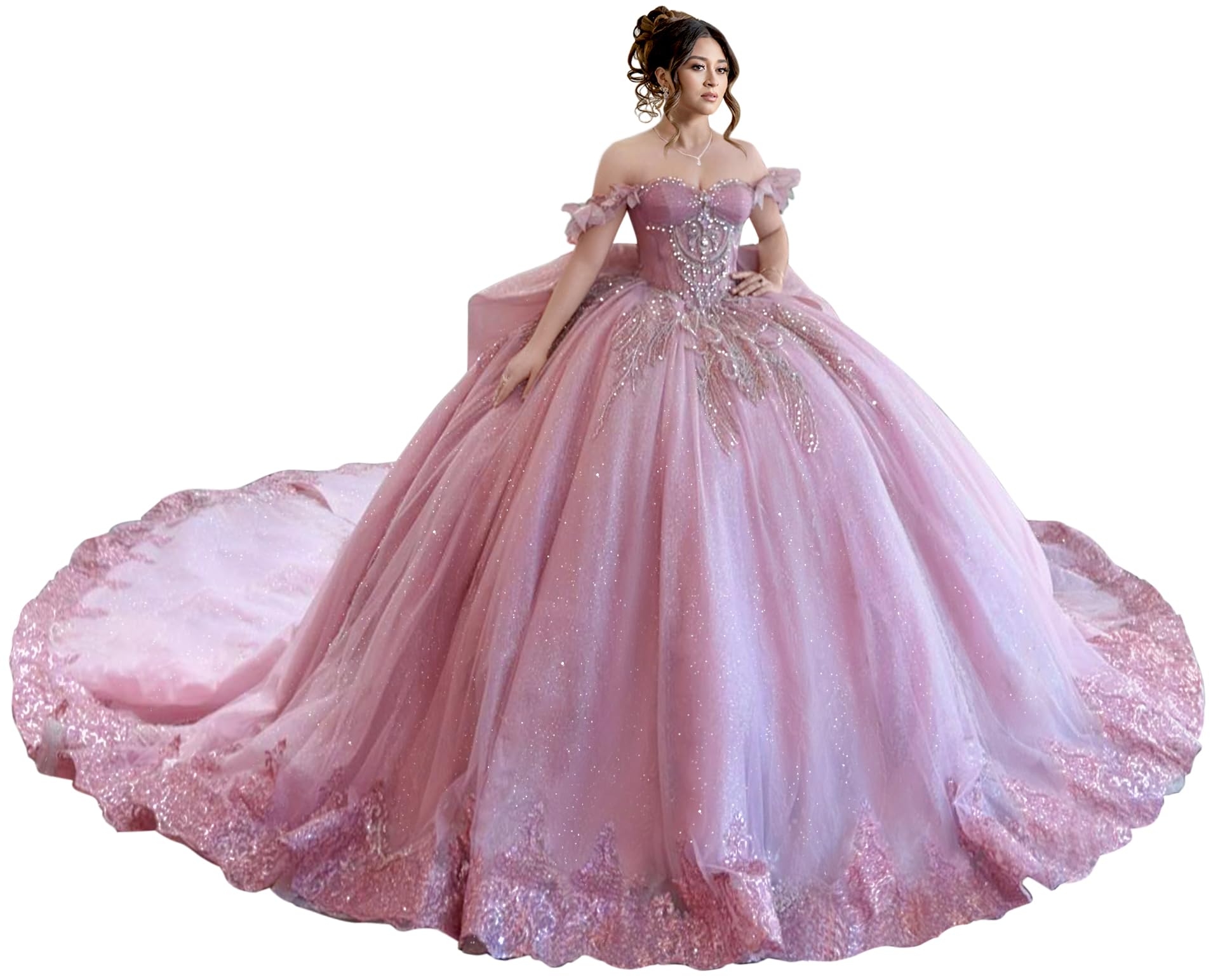 Mouccy Glitter Lace Tulle Quinceanera Dresses Off Shoulder Beaded Sweet 16 Dress with Long Bow Puffy Crystal Pageant