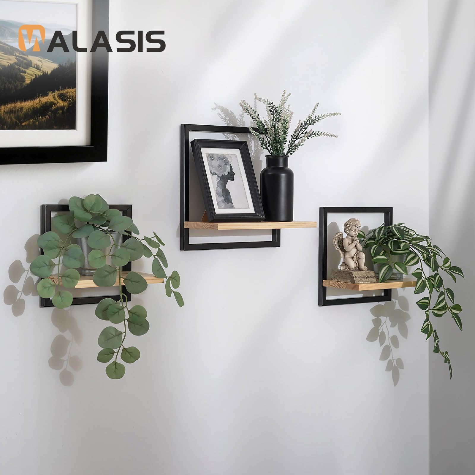 Mensola da parete nera in metallo per soggiorno: set da 3 ripiani quadrati da parete moderna, decorazione da parete, per camera da letto, bagno, angolo