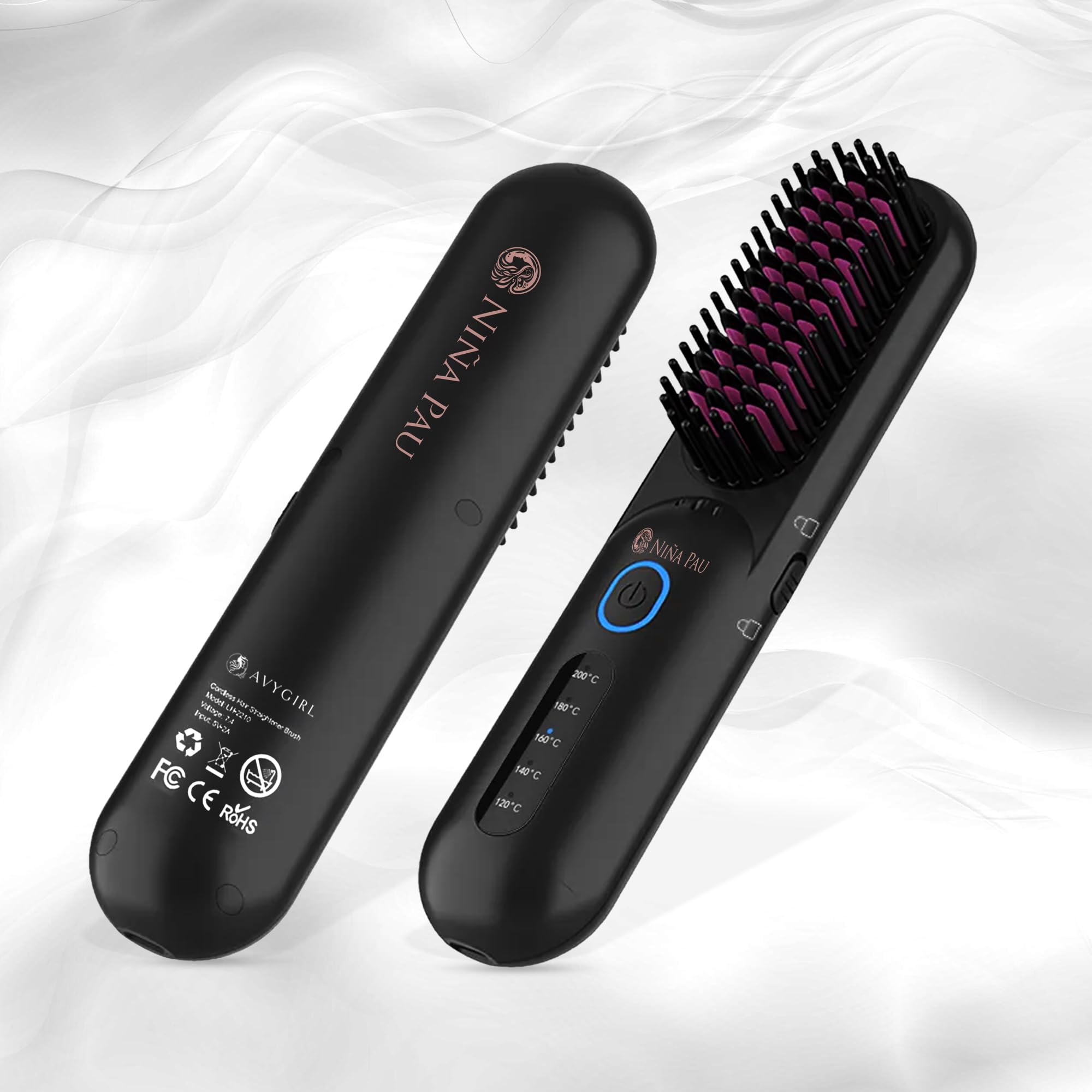 Portable Cordless Mini Straightening Heat Brush, Niña PAU by AvyGirl, Negative Ion Hot Comb Hair Straightener, Lightweight Travel, USB C Rechargeable, Locking, Smart Electronics, Many Temp Settings