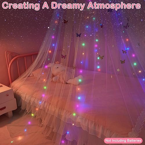 Miniatura 10 de FIOBEE Toldo de cama para habitación de niñas, cortinas con luces LED, mosquitera, decoración de habitación de princesa con estrellas y mariposas