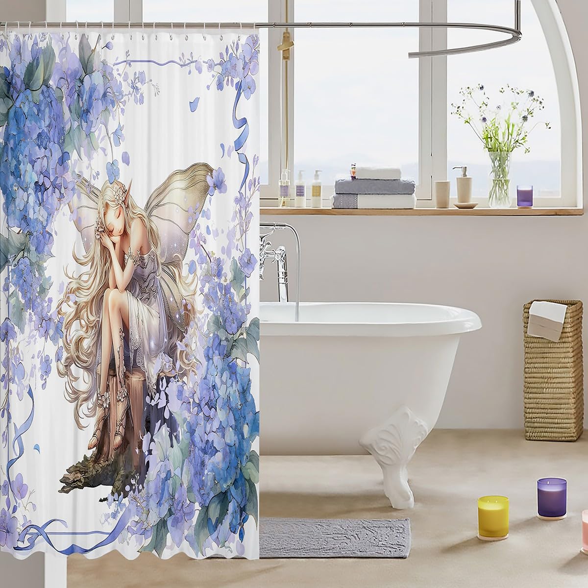 Butterfly Shower Curtain - Purple Flowers & Butterflies Bath Decor With Hooks (70x70 Inches)