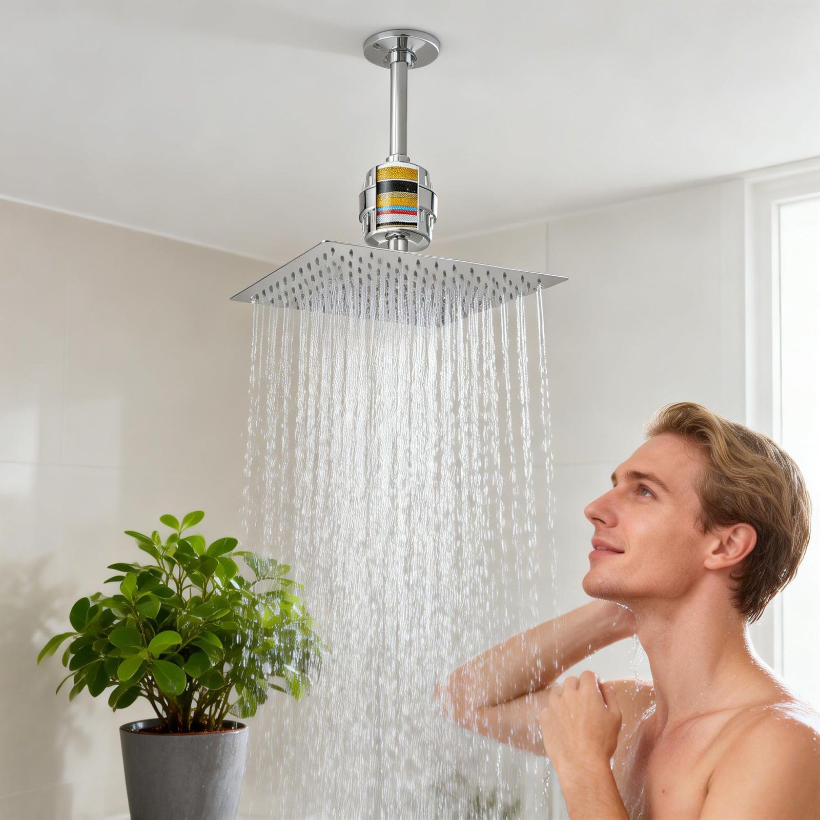 Conjunto de Cabezal de Ducha Tipo Lluvia y Filtro de Ducha Voolan, Cabezales de Ducha de Alta Presión Fabricados en Acero Inoxidable, Cartucho Filtrante para Agua Dura (25cm, Cuadrado)