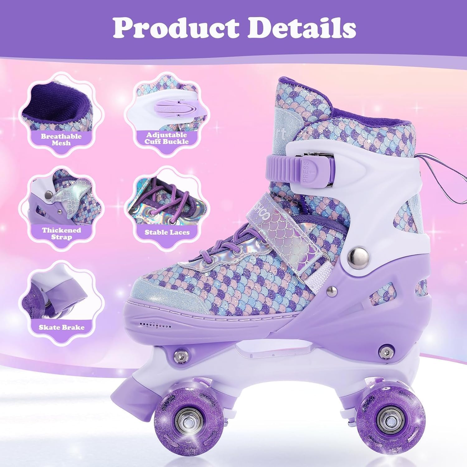TOMSHOO Rollschuhe für Mädchen, Rollschuhe Mädchen 4 Größen Verstellbar, Kinder Rollschuhe mit 8 LED-Rädern, Bequem & Atmungsaktiv, Roller Skates mit Mehreren Schutzschichten, Geeignet für Anfänger