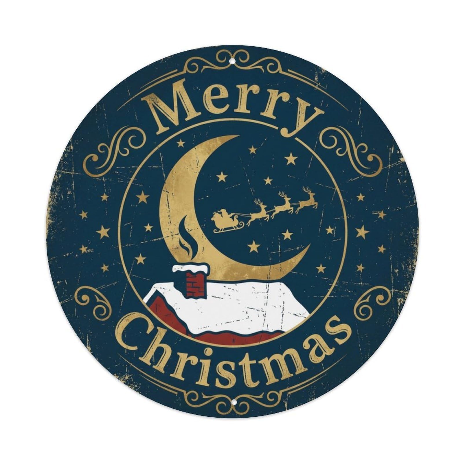 Merry Christmas Rooftop Chimney Night Metal Tin Sign