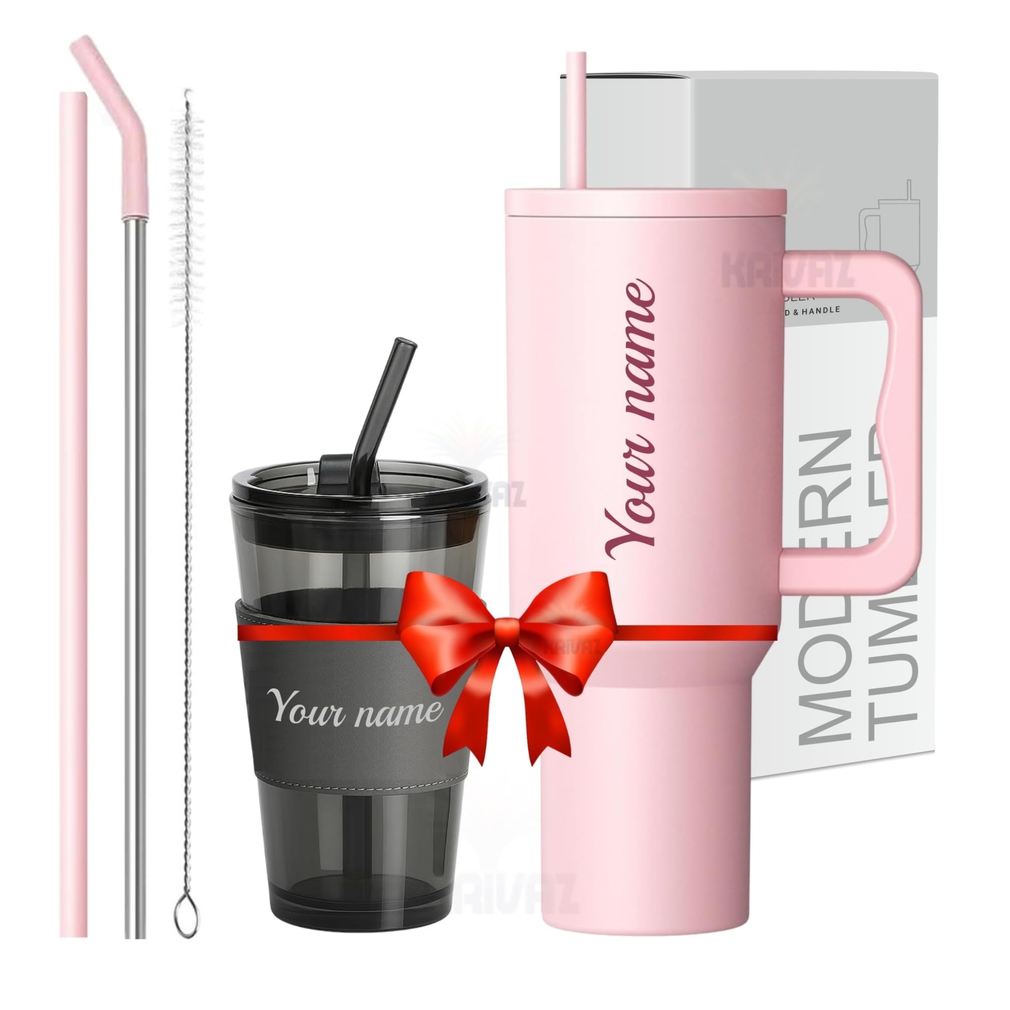 KRIVAZ Stainless Steel Tumbler with Lid & Straw, 100% Leakproof Tumblers with Handle, Sipper for Office,Gym & Outdoors 1200ml Tumbler (Pink + Black Mugs)