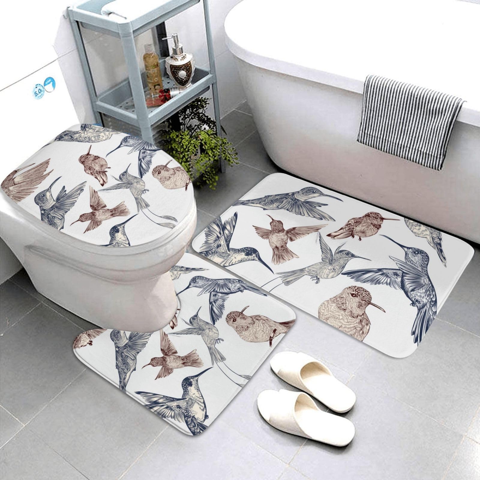 OUSIKA Set di tappetini da bagno disegnati a mano con stampa di uccelli, 3 pezzi inclusi, tappetino da contorno assorbente per bagno