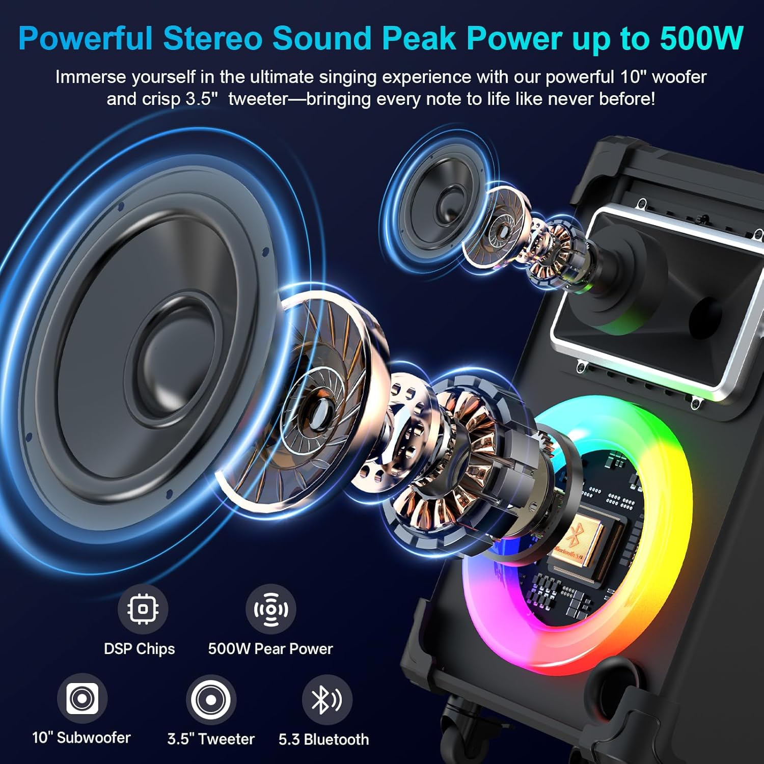 JYX Karaoke Machine with 2 Wireless Mics, 10" Woofer 500W Peak Power Big Portable Bluetooth Speaker with Bass/Treble Adjustment, PA System with Remote Control, LED Lights, Rolling Wheels and Trolley - Image 2