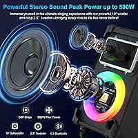 Vista 2 de JYX Máquina de karaoke con 2 micrófonos inalámbricos, woofer de 10 pulgadas, 500 W, potencia máxima, altavoz Bluetooth portátil grande con ajuste