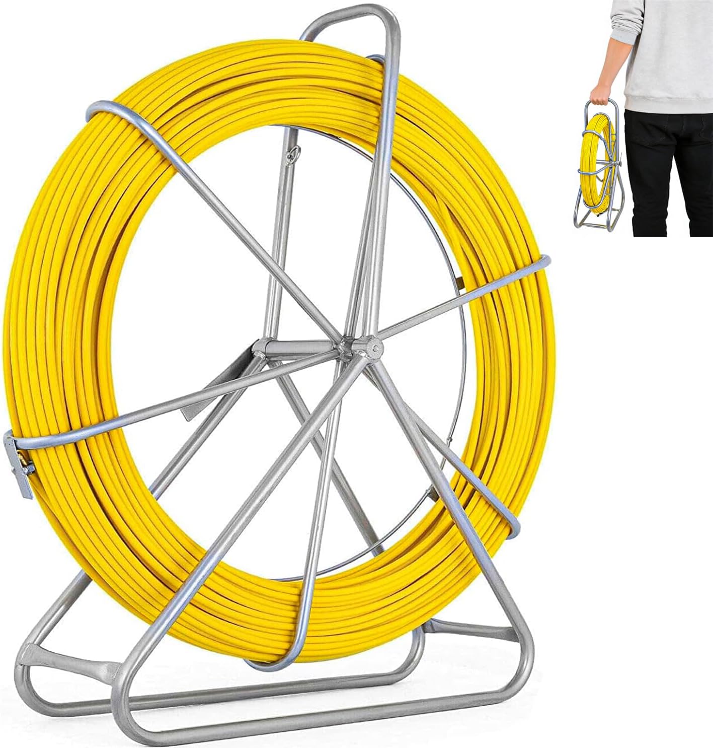 425FT Fish Tape Fiberglass 1/4 inch(6MM), Fishing Wire Puller Duct Rodder Cable Running Electrical Fishtape Tool Rod with Steel Reel Stand Through Wall Pipe Length Marking in Meter, Non-Conductive