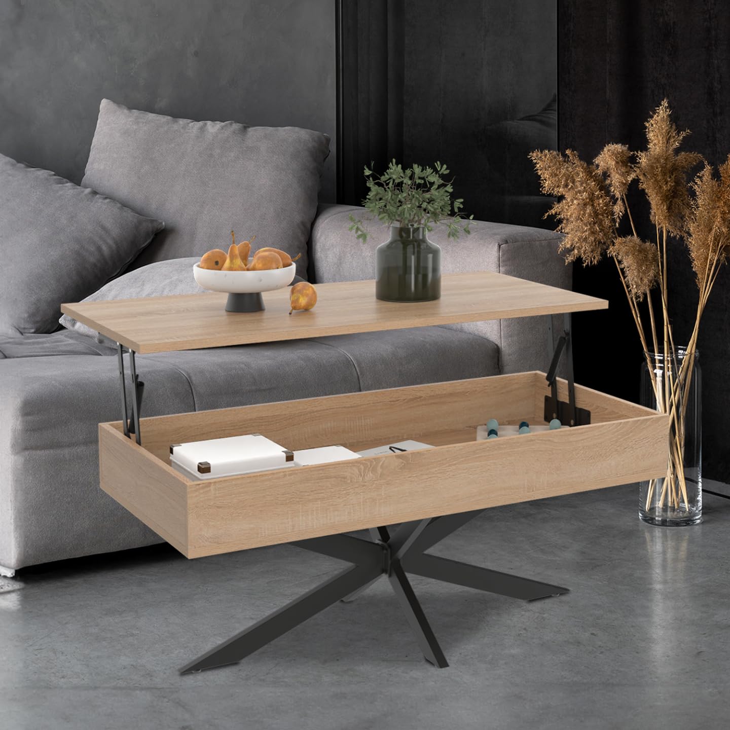 IDMarket - Tavolino rettangolare ALIX da 100 cm con piano sollevabile e gambe a ragno in legno e nero