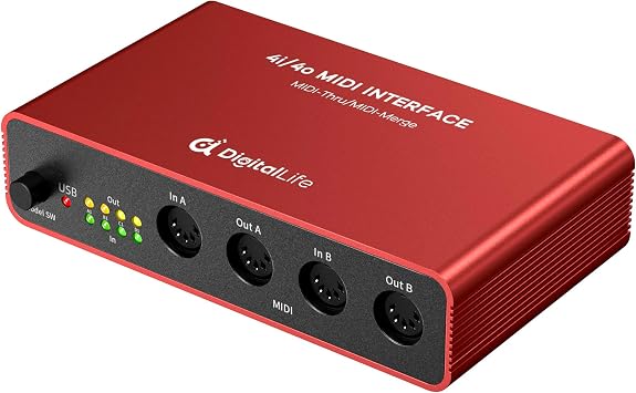 DigitalLife Stand-Alone Quad-I/O 5-PIN DIN MIDI Interface - MIDI Thru Box 4-In/4-Out & MIDI Merge Box 2-In/4-Out, w/LED Indicators, Metal No computer needed