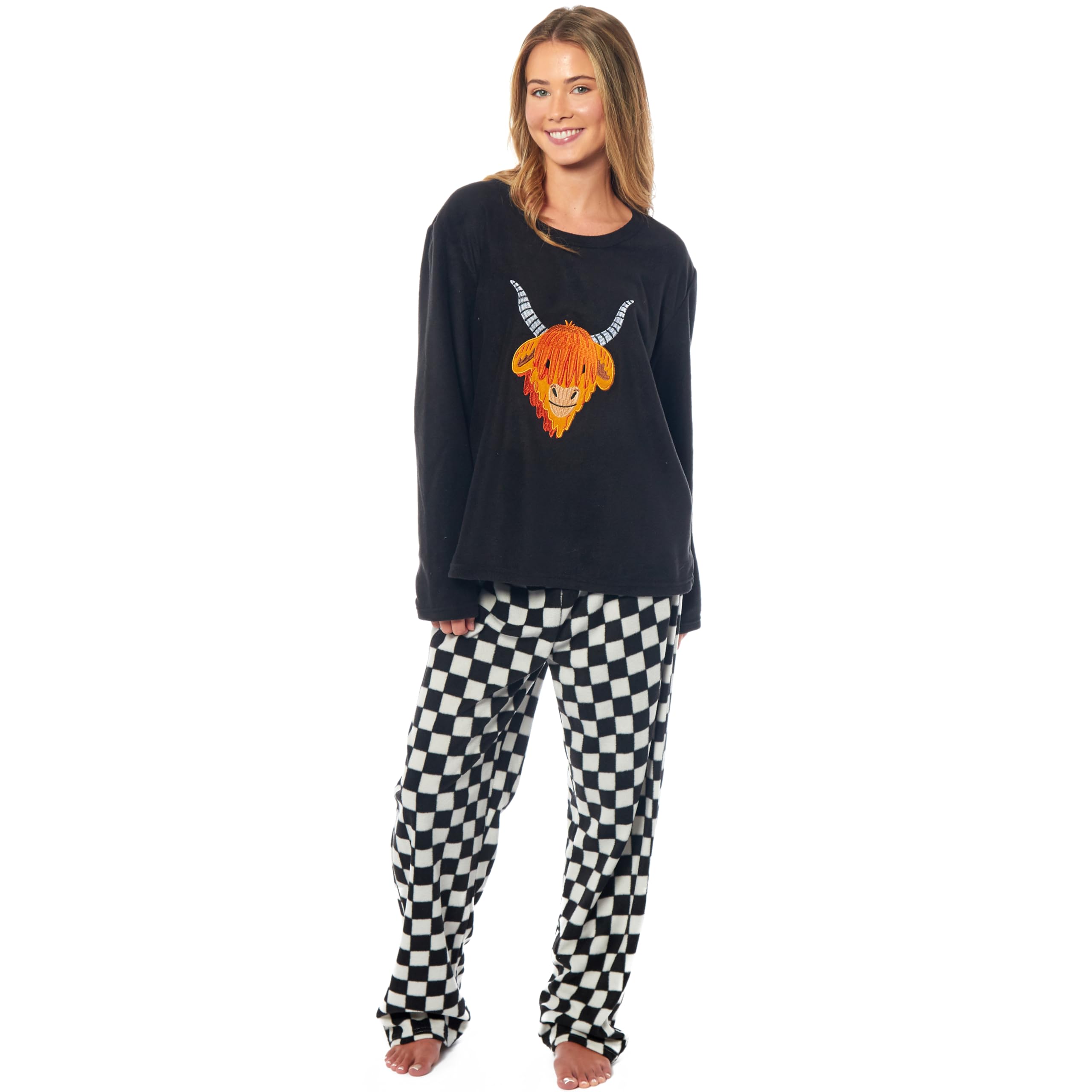 Daisy Dreamer Womens Pyjamas Set Thermal Fleece Soft Warm Animal Design Sleepwear Loungewear Pjs Winter, Medium Highland Cow