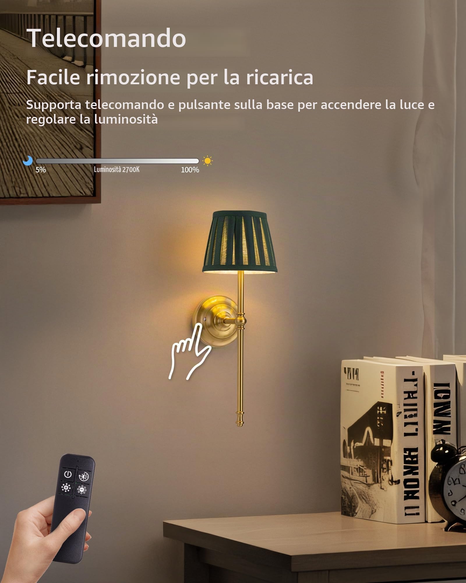 Lampada da Parete Ricaricabile 2 Pezzi, Lampada da Parete a LED in Tessuto cCon Batteria Ricaricabile, Illuminazione Dimmerabile Con 5200 mAh E Telecomando Wireless Per Interno (Oro + Verde)